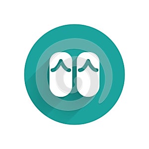 White Flip flops icon isolated with long shadow. Beach slippers sign. Green circle button. Vector