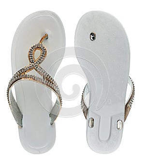 White flip-flops in rhinestones bottom view and top view. Isolated