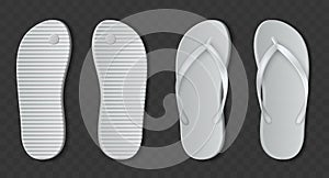 White flip flops sandals. Realistic beach rubber slippers. Bathroom or pool shoes set with open fingers. Summer barefoot