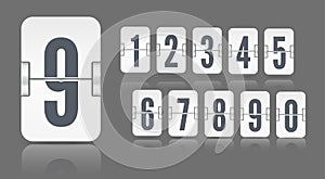 White flip mechanical score board number with reflections floating on different height. Vector template for time counter