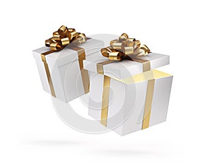 White floating gift boxes with golden bows