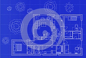 White floor plan sketch of a house on millimeter paper.