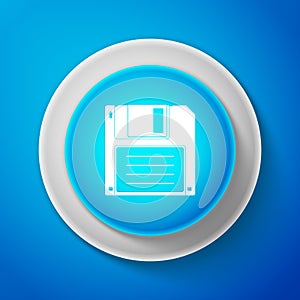 White Floppy disk for computer data storage icon isolated on blue background. Diskette sign. Circle blue button with