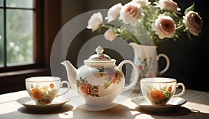 White floral teapot with cups
