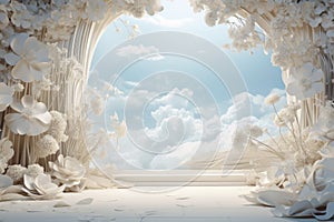 White florals frame vines clouds. Generate Ai