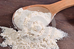 White flour in a wooden spoon