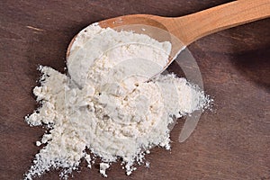 White flour in a wooden spoon