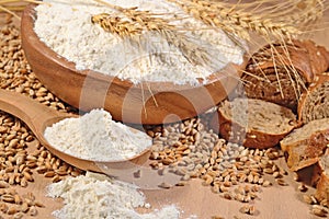 White flour in a wooden spoon, wheat and bread