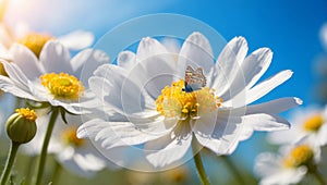 White flower with blue butterfly on the background of blue sky and sun