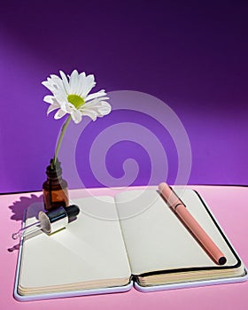 A white flower, a bottle with an eyedropper and a notebook on the background of a purple wall.