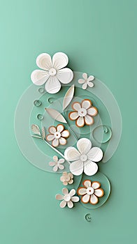 White flower composition on light green background. Vertical frame made of floral pattern. Flat lay, top view. Greeting