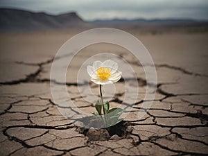 White flower on cracked earth background. Global warming and climate change concept. Generative ai