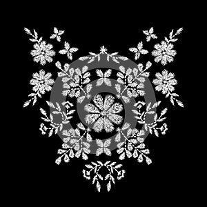 White flower embroidery artwork design for neckline clothing