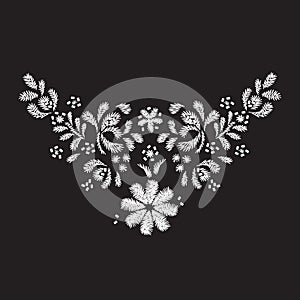 white flower embroidery artwork design for neckline clothing