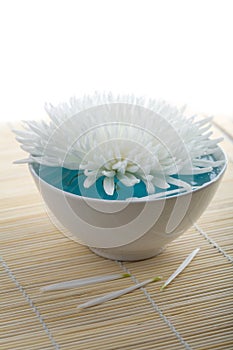 White flower floating in bowl. spa background