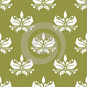 White flower on olive green background. Seamless pattern