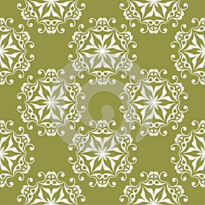 White flower on olive green background. Seamless pattern