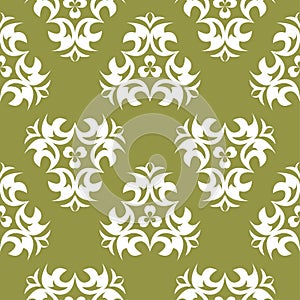 White flower on olive green background. Seamless pattern