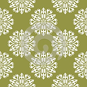 White flower on olive green background. Seamless pattern