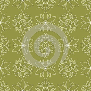 White flower on olive green background. Seamless pattern