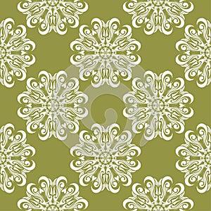 White flower on olive green background. Seamless pattern