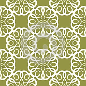 White flower on olive green background. Seamless pattern