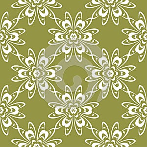 White flower on olive green background. Seamless pattern