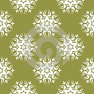 White flower on olive green background. Seamless pattern