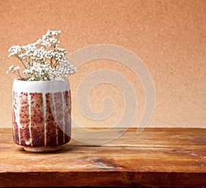 White flower plant on wooden table with wood background