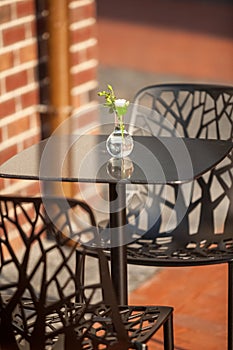 White flower in vase standing on table at outdoor cafe