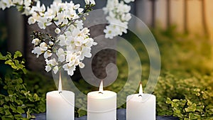 white flowering branch and 3 white candle lights outside in a garden