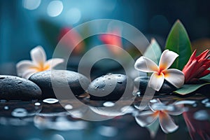 White flowers black pebble stones and water and bokeh blurred nature background spa environment Generative AI Illustration