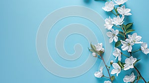 White flowers on blue background with blank space. photo