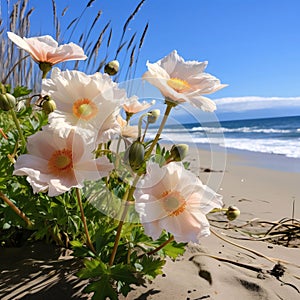 White flowers and buds of green leaves, grass on a sandy beach, by the water. Flowering flowers, a symbol of spring, new life