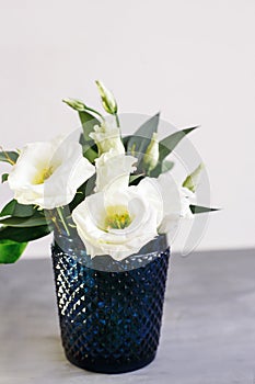 White flowers in classic blue glass. Lisianthus. Eustoma