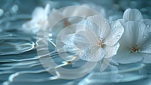 White flowers floating on serene blue water