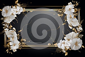 white flowers and gold frame on black background