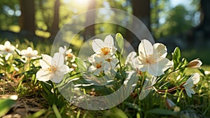 white flowers in the grass with the sun shining in the background