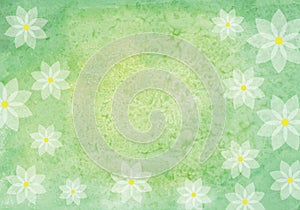 White flowers on green and yellow abstract watercolor texture background. Nature or spring and summer concept.