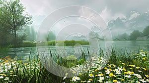 White flowers growing around green grass, over a stream of water. Landscape. Flowering flowers, a symbol of spring, new life