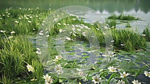 White flowers growing around green grass, over a stream of water. Landscape. Flowering flowers, a symbol of spring, new life