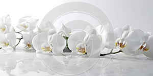 White flowers on a light white-gray background, giving it an elegant and subtle character.