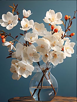 White flowers, petals, orchids in a glass vase with water, dark background. Flowering flowers, a symbol of spring, new life
