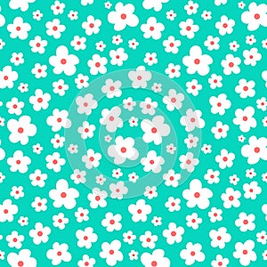 White flowers on sea green background seamless pattern