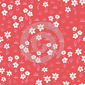 White flowers seamless vector pattern on a red background. Bold florals Scandinavian flat style repeating backdrop