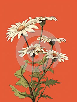 White flowers, specifically daisies. There are four of these white flowers in vase, arranged beautifully and placed on