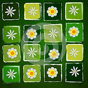 White flowers in squares over green old paper background