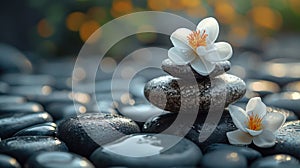 White Flowers on Stacked Zen Stones with Water Droplets