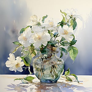 Realistic Watercolor Painting Of White Flowers In A Vase photo