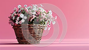 White flowers in the wooden vas for decoration on the Pink background with copy space AI generated